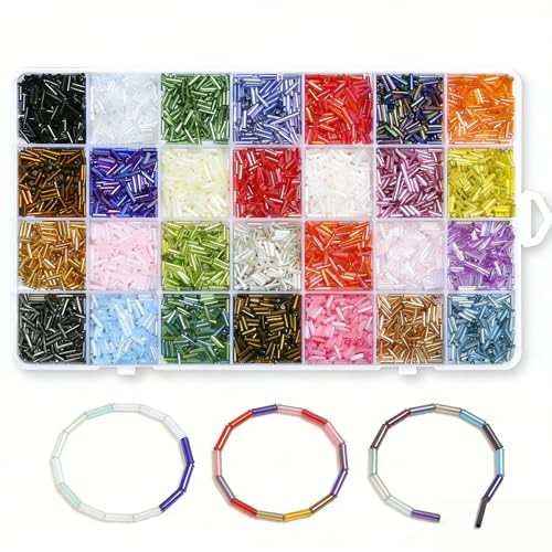 5040 stycken 7 x 2 mm rörpärlor kit för gängning, 28 färger neon & metallic rör pärlor kit glas bugle pärlor små hantverk stiftpärlor för gör-det-själv-armband, halsband, hantverk, smyckestillverkning