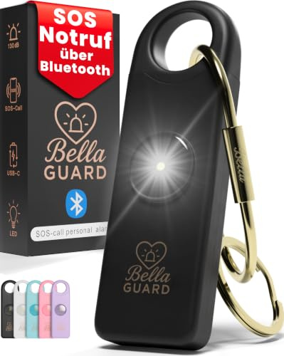 Bella Guard Taschenalarm – mit SOS-Notruf über Dein Smartphone per Bluetooth, Sirene 130dB laut, LED-Stroboskoplicht, wiederaufladbar, Alarm für Frauen unterwegs zum Selbstschutz (schwarz)