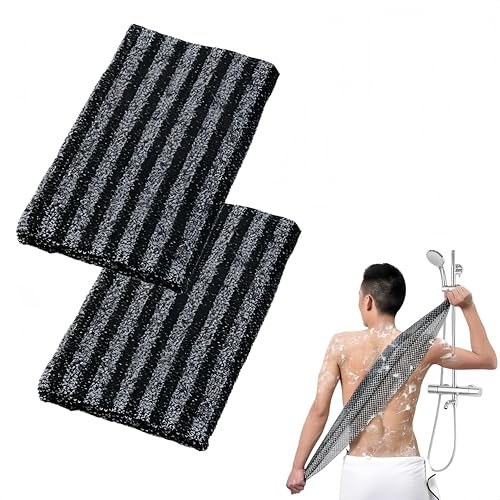 Exfoliating Shower Towel, Serviette exfoliante, Gommage Naturel en Fibre de Bambou et Charbon, Exfoliation Douce pour le Corps, Ensemble de 2 (Rayures noires)