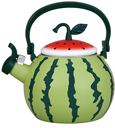 Pfeifender Teekessel für Herdplatte, Emaille auf Stahl-Teakessel, Supreme Housewares Wassermelonen-Design, Teekanne, Wasserkessel, niedliches Küchenzubehör, Teteras (1,6 Quart, Wassermelone)