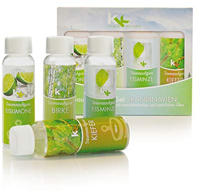 KK Saunaaufguss-Set Skandinavien - Made in Germany - 4 verschiedene Duftsorten in einem Set - Eislimone, Birke, Eisminze, Kiefer - 100ml Flasche - in verschiedenen Varianten erhältlich