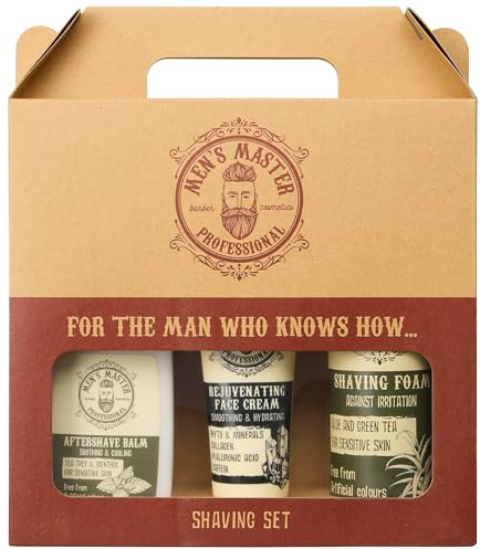 Men's Master 3-teiliges Rasier Geschenkset für Männer | Feuchtigkeitsspendender Rasierschaum | Aftershave Balsam | Verjüngende, Anti-aging Creme Männer | Gesichtspflege Männer | Geschenkset für Ihn