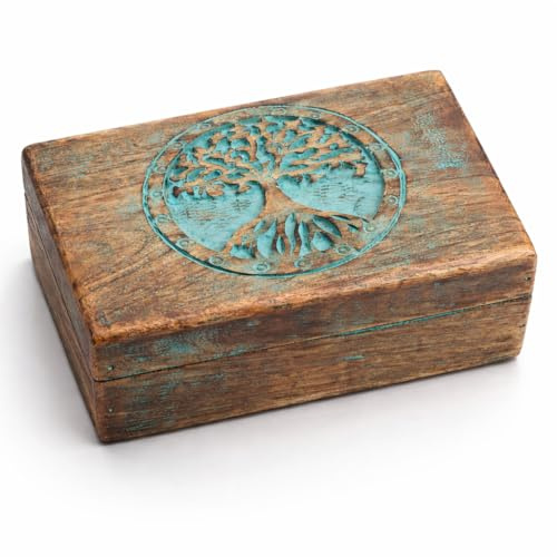 Tolles Geburtstagsgeschenke Handgemachte dekorative hölzerne Schmuckkasten Baum des Lebens Carving Schmuck Organizer Andenkenkasten Schatztruhe Schmuckstück Halter Aufbewahrung Schloss Box (Blue)