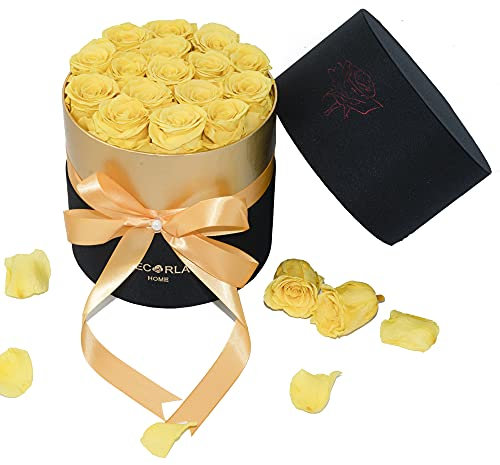 DEC RLA HOME Echte Rosen, handgefertigt, konservierte Rosen, 3–5 Jahre haltbar, verzauberte Rose, Geschenk-Box (runde schwarze Box, gold)