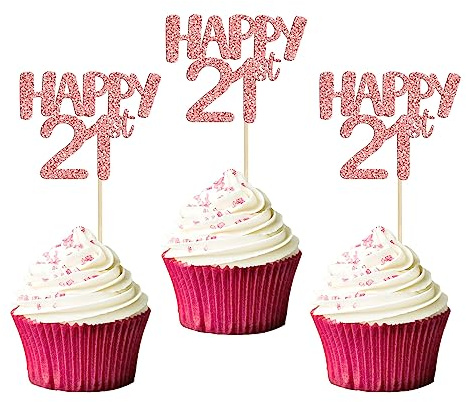 Gyufise 24Pcs 21 Cupcake Toppers Happy 21st Birthday Cake Toppers Rose Gold Glitter 21 Cake Topper Picks Birthday Cake Decoration for Birthday Party Anniversary Celebration Supplies