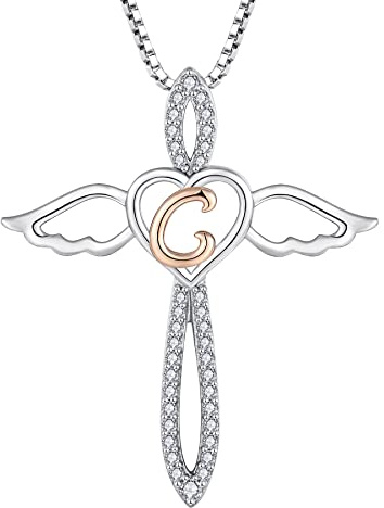 FJ Buchstabe Kette Anhänger Damen 925 Sterling Silber Schutzengel Halskette Initiale Alphabet Personalisierte Kette mit Zirkonia Schmuck Geschenke für Frauen Mädchen