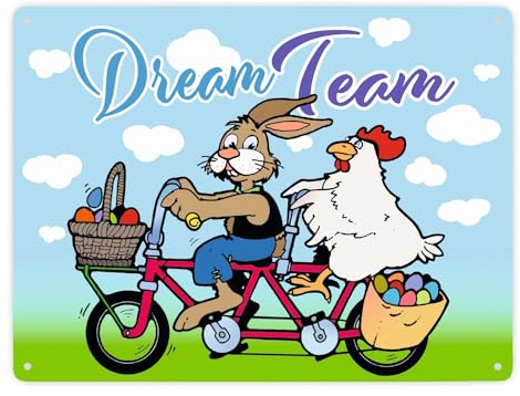 Osterhase und Huhn auf Tandem Metallschild XXL in 28x38 cm zum Thema Ostern Osterdeko Metall-Schild Ostersonntag Aluschild Ostergeschenk Blechschild Dekoschild