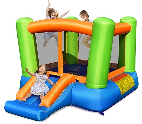 COSTWAY Castello Gonfiabile Per Bambini, Casa Gonfiabile con Grande Area per Saltare e Scivolo, Con Borsa di Trasporto e Kit Riparazione, Ideale Per 3 Bambini 3-10 Anni (Senza soffiatore)