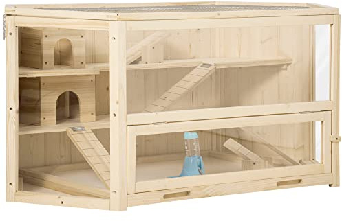 PawHut Casetta per Criceti in Legno a 3 Livelli, Casa per Criceti e Piccoli Roditori con Tetto Apribile e Parete Trasparente, 115x60x55cm