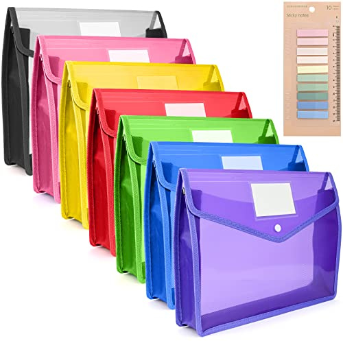 A4 Plastic Wallets 7 Pack Plastic File Folders with 200 Stickers Waterproof Document Wallets Bag Envelope Folder with Snap Closure and Card Slot for School Office Home - 7 Colors