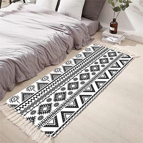Tomifine Flachgewebe Teppich mit Quasten, Geometrischem Rautenmuster Vintage Teppich Baumwolle Waschbar Fußmatte (50x80 cm,Weiß Schwarz)