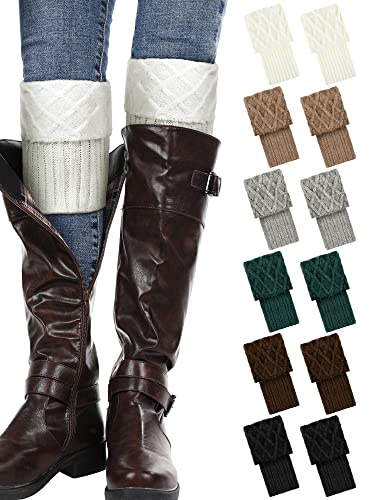 SATINIOR 6 Pairs Women Winter Boot Cuffs Socks Cable Knitted Cuffs Socks Short Knitted Leg Warmers Button Boot Toppers(Simple Colors)