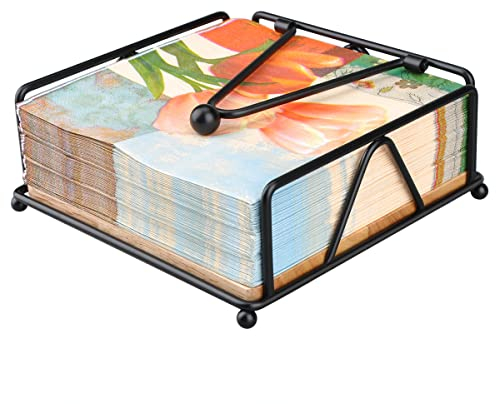 MOLEDINO Quadratischer Serviettenhalter für Tisch aus Metall mit Holzfuß und Gewichtkugel für Windschutz,Flacher Serviettenspender für Outdoor, Küche, Restaurant, Bar (Schwarz)