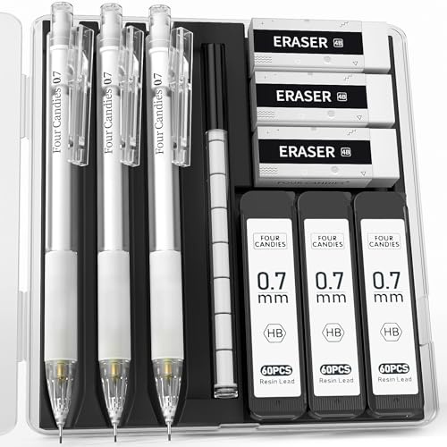 Four Candies Pastell Druckbleistift Set mit Etui 3 transparente Weiß 0,7mm Druckbleistifte mit 180 HB Bleistiftminen 3 Radiergummis und 9 Radiergummi-Nachfüllungen zum kinder Schreiben von Skizzieren