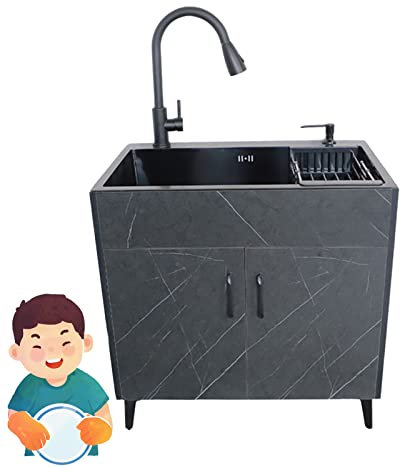 Kitchen sink cabinet Freestanding stainless steel sink with hot Cold Water Faucet,Multipurpose hand washing station Commercial Sink for Home Restaurant Indoor Outdoor ( Color : Black , Size : 60X45X78