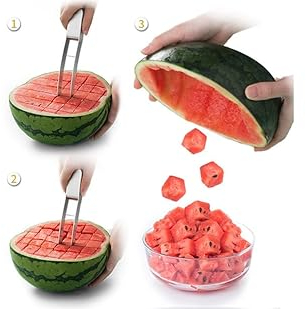TKMARS 304 Stainless Steel Watermelon Slicer and Fruit Cutting Tool - Safe Melon Cube Carving Tool for Quick Fruit Salad Preparation
