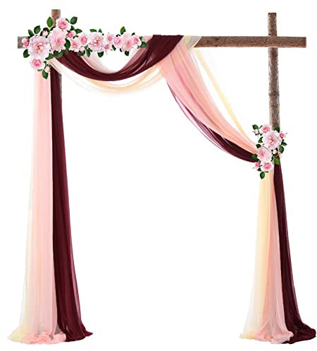 3 Stück Vorhang Querbehang Traubogen,Hochzeitsbogen, Gardine Freihanddeko,Eleganter Langer Fenster Vorhang Gardinen Schals für Babyparty Geburtstag Hochzeit Deko (Champagner rot-rosa,75x550cm)
