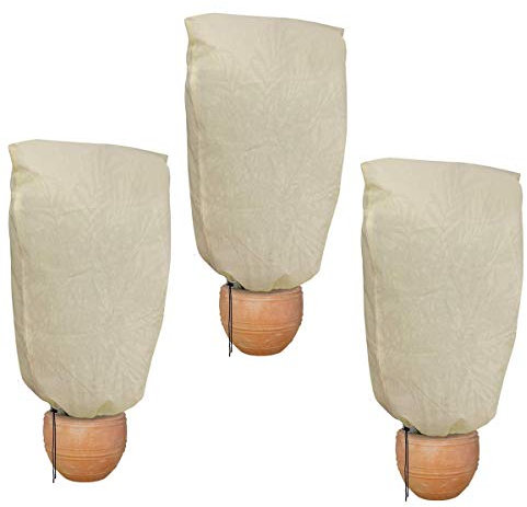 HH-LIFE Lot de 3 housses d'hiver avec cordon de serrage - 80 x 100 cm - Sacs de protection contre le gel - Veste chaude pour arbustes, plantes d'arbres (30 g/m² beige)