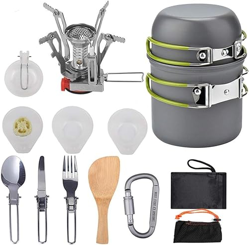 Pardarsey Padarsey O2-3 Batterie de cuisine de camping 1 à 2 personnes avec couteau et fourchette pliants, poêle et poêle portables, randonnée pour pique-nique et camping