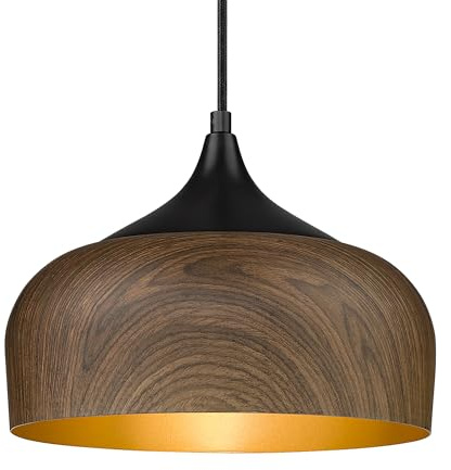 ELYONA Modern Pendant Light Walnut Wooden Pattern Dome Pendant Light Fixture Matte Black Metal Gold Inner Finish Adjustable Hanging Lighting for Kitchen Island Dining Room Office Hallway Foyer Bedroom