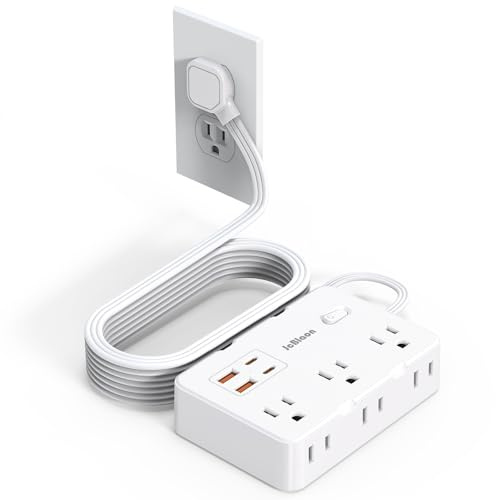 Flat Plug Power Strip Surge Protector, 5ft Ultra Thin Extension Cord with 4 USB Wall Charger(2 USB C Port), 6 Widely-Spaced Outlets Power Strip Compact for Travel, Office, Dorm Room Essentials (White)