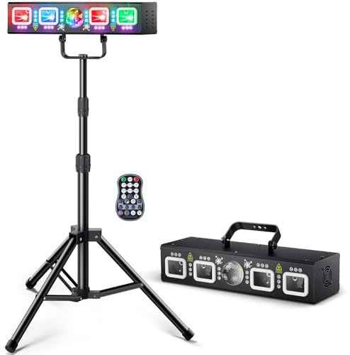 DJ Light with Stand, Pro 6 in 1 DMX & Sound Activated Laser Show Machine with Disco Ball Lights, RGBW & UV Strobe Party Lights with Dj Light Stand for Home Party Gig Bar Stage Lighting
