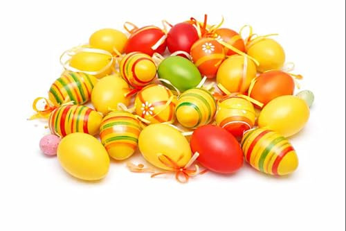 KAMACA 30er Set Bunte Ostereier aus Kunststoff zum Aufhängen – 6 cm – Wetterfeste Osterdeko für Außen & Innen – Kunststoffeier mit Motiven – Deko für Osterstrauch & Garten