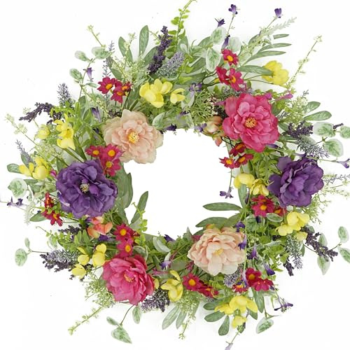 WreathDream Artificial Spring Summer Wreath Peony Wreaths for Front Door with Olive Leaf,Eucalyptus Leaf,Daisy,Lavender for Indoor Outdoor Wall Festival Home Farmhouse Wedding Decor