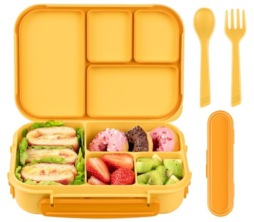 Amathley Brotdose Kinder mit FäChern,Bento Box Kinder,Brotdose Erwachsene,1200ml Lunchbox mit 4 FäChern und Besteck,Mikrowellen und SpüLmaschinenfest,BPA-Frei und Wiederverwendbar (Gelb)