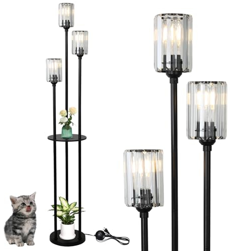 Rayofly Moderne schwarze Wohnzimmer-Stehlampe mit 3 Lichtern mit Regal, Kristall und Lampenschirm aus Glas, Fußschalter - Ragalboden