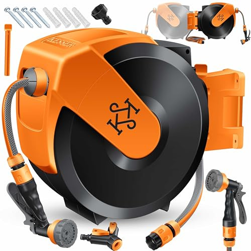 KESSER® Avvolgitubo con Tubo da Giardino 30 m, a Parete, Avvolgitubo girevole a 180° e a rientro automatico, Portagomma a Parete con Doccia a mano a 7 funzioni, Nero/Arancione