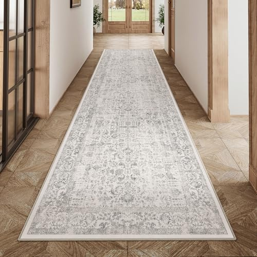 HUGEAR Alfombra Pasillo Larga Gris Alfombras Cocina Lavable Antideslizante Tapetes 60x240cm para Sala Habitacion Dormitorio Comedor Flor Vintage Tapete Pelo Corto