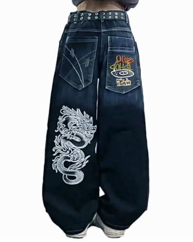OATSBAS Unisex-jeans, Y2K, hip-hop, gotiska, lediga pösiga, överdimensionerade byxor, streetwear, Gragon-tryck, bokstav, grafisk denim, retrostil, BLÅ, XL