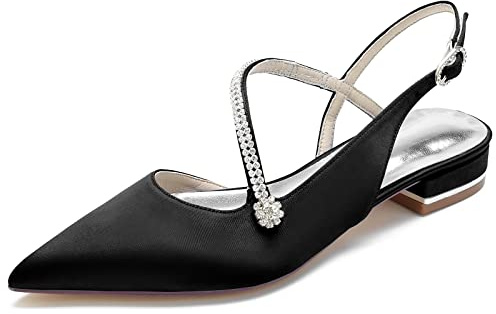 Mariée Appartements Femmes Fermé Toe Mariage Appartements Mariée Bout Pointu Satin De Mariage Chaussures Soirée De Bal Robe Chaussures 2.5Cm,Noir,41 EU