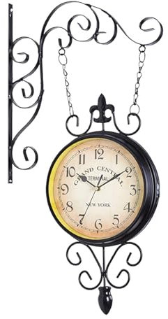perfk Doppelseitige Bahnhofsuhr, Wanduhr Stumm mit dekorativer Wandhalterung, Gartenuhr zur Wandmontage für Innen- und Außenbereich, Garten
