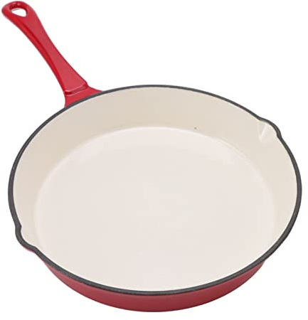 Padella in Ghisa Smaltata, Padella in Ghisa Smaltata Padelle in Ghisa Smaltata con Manico Lungo Rosso Padella in Ghisa Ceramica per Friggere, Stufare, Arrostire, Grigliare