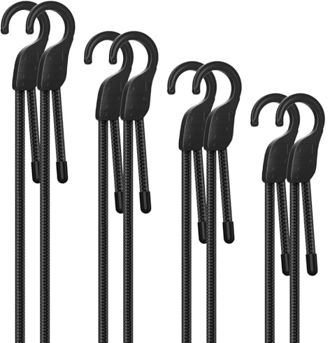 Buvcnsy 18 36 60 80 Adjustable Bungee Cords with Hooks, Heavy Duty Outdoor 8 Pack Black, Length-Adjustable Design, UV-Resistant Elastic Straps for Cargo, Camping, Tents, Bikes, Luggage, etc