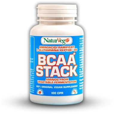 Naturveg BCAA STACK – Aminoacidi Ramificati con Glutammina Peptide e Vitamine B2 e B6 – Rapporto 2:1:1 – 100 o 200 Compresse, Integratori per vegani – Made in Italy (100 compresse)
