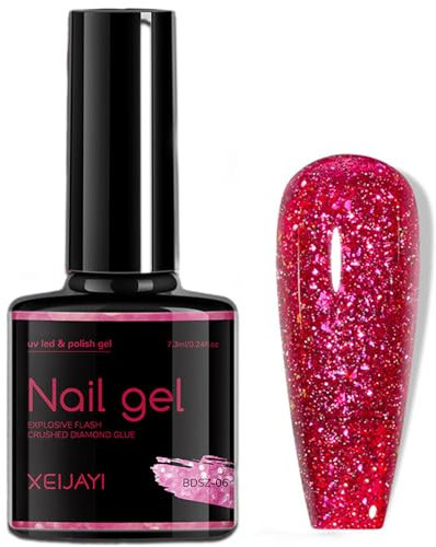 Red Gel Nail Polish, Pink Glitter Gel Nail Varnish, Burgundy Diamond Shiny Shimmer Sparkly Bright Red Nail Glitter, Long Lasting Holographic Soak off LED Lamp Gel Nail Polish for Women DIY Nail Art