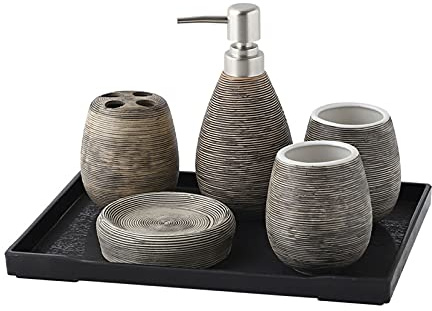 Gaxcent Bad Accessoire Set 6-Teilig Keramik Design,Badezimmer Deko Set Badezimmer Seifenspender Zahnpflege Zubehör Set Bad-Zubehör Geschenk,Grau