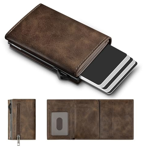 Manmaxim Slim Wallet mit Münzfach Geldbörse Herren mit RFID Schutz, Portmonee Herren Slim Wallet, Pop-up Kartenetui Card Holder für 10+ Karten, Karten Portemonnaie Wallets for Men(Khaki, M Münzfach)