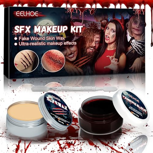 AMCHLEL Halloween Schminke Set,mit Schwamm, False bandage,Hautwachs,Kunstblut Sprühen,Verkrustetes Kunstblut,Spachtel,für Halloween Themenparty Zombie Vampir Wunden Narben Schminke Maskerade