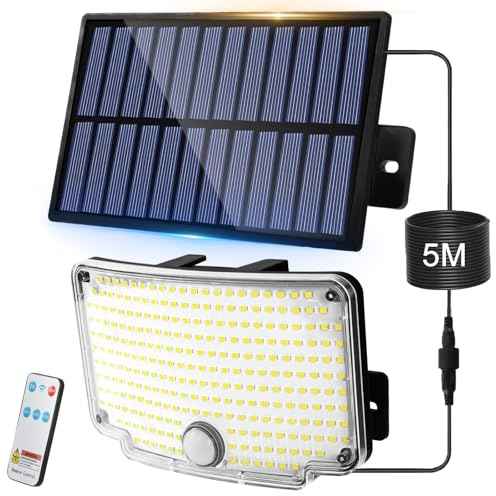 CNMTCCO Lámparas solares exteriores con detector de movimiento, 254 LED proyector solar con 3 modos de iluminación y alcance de detección de 5-8 m, IP65 para jardín, garaje, terraza