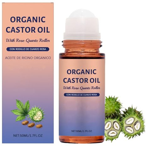 Organic Castor Oil Roll On, Organic Castor Oil with Rose Quartz Roller, Natural Ingredients, For Belly, Face, Body, 1.7oz (1 pcs, One Size)