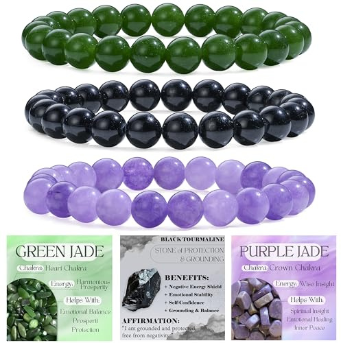 Bivei 3 Pezzi 4mm Bracciale Donna - Giada Verde, Tourmalina Nera, Giada Viola - Bracciali con Elastico con Pietre Naturali, Gioielli con Perline Fatto a Mano per Yoga, Meditazione, Protezione e Regalo