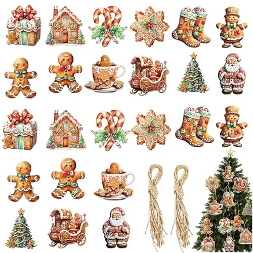 CLKE Set med 24 stycken julgransprydnader, julgransprydnad, dubbelsidigt tryck, med pepparkaksgubbe, sockerstänger/julgran/pepparkakshus/julstrumpor/hamparep