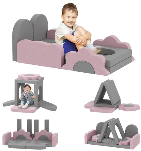 AIYAPLAY Spielsofa, Kindersofa aus Schaumstoff Bausteine 12 Stück Klettern Softbausteine mit Bällebad Bausteinset Großbausteine Schaumstoff-Kletterblöcke für Kinder mit Cordoptik Grau