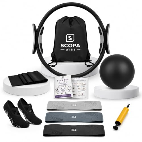 Pilates Kit for Home Workouts | 14 Pilates Ring Set (Magic Circle) | Resistance Bands | Pilates Ball | Grip Socks | Yoga Strap | Pump | Carry Bag | Pilates Equipment for Women & Men (Black)