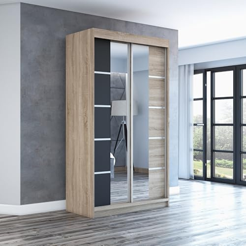 A&J MöbelLand Schwebetürenschrank ERA Kleiderschrank 2-türig mit Spiegel, Garderobe 120 cm (Sonoma/Schwarz/Sonoma)