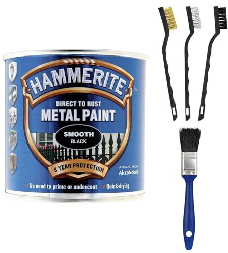 Hammerite Direct to Rust Metal Paint 250ml – Bundle with 1” Paint Brush & 3x Bristle Brushes – Smooth Finish, Anti-Rust Protection for Gates, Railings, Radiators, Pipes & More (Black)